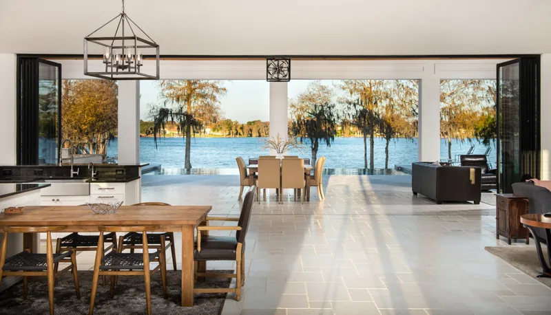 LaCantina door installation with a lake view